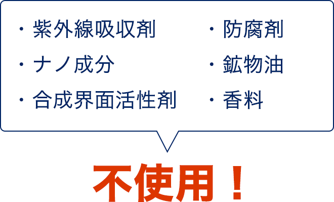 紫外線吸収剤　不使用！
            ナノ成分　不使用！
            合成界面活性剤　不使用！
            防腐剤　不使用！
            鉱物油　不使用！