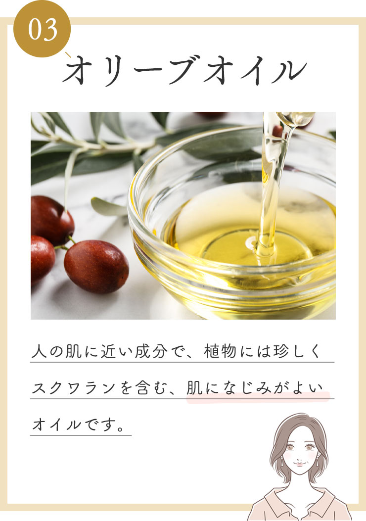 ③オリーブオイル
            人の肌に近い成分で、植物には珍しくスクワランを含む、肌になじみがよいオイルです。