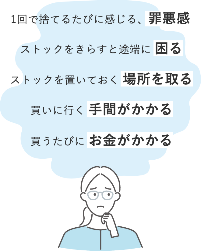 *1回で捨てるたびに感じる、罪悪感
*ストックをきらすと途端に困る
*ストックを置いておく場所を取る
*買いに行く手間がかかる
*買うたびにお金がかかる